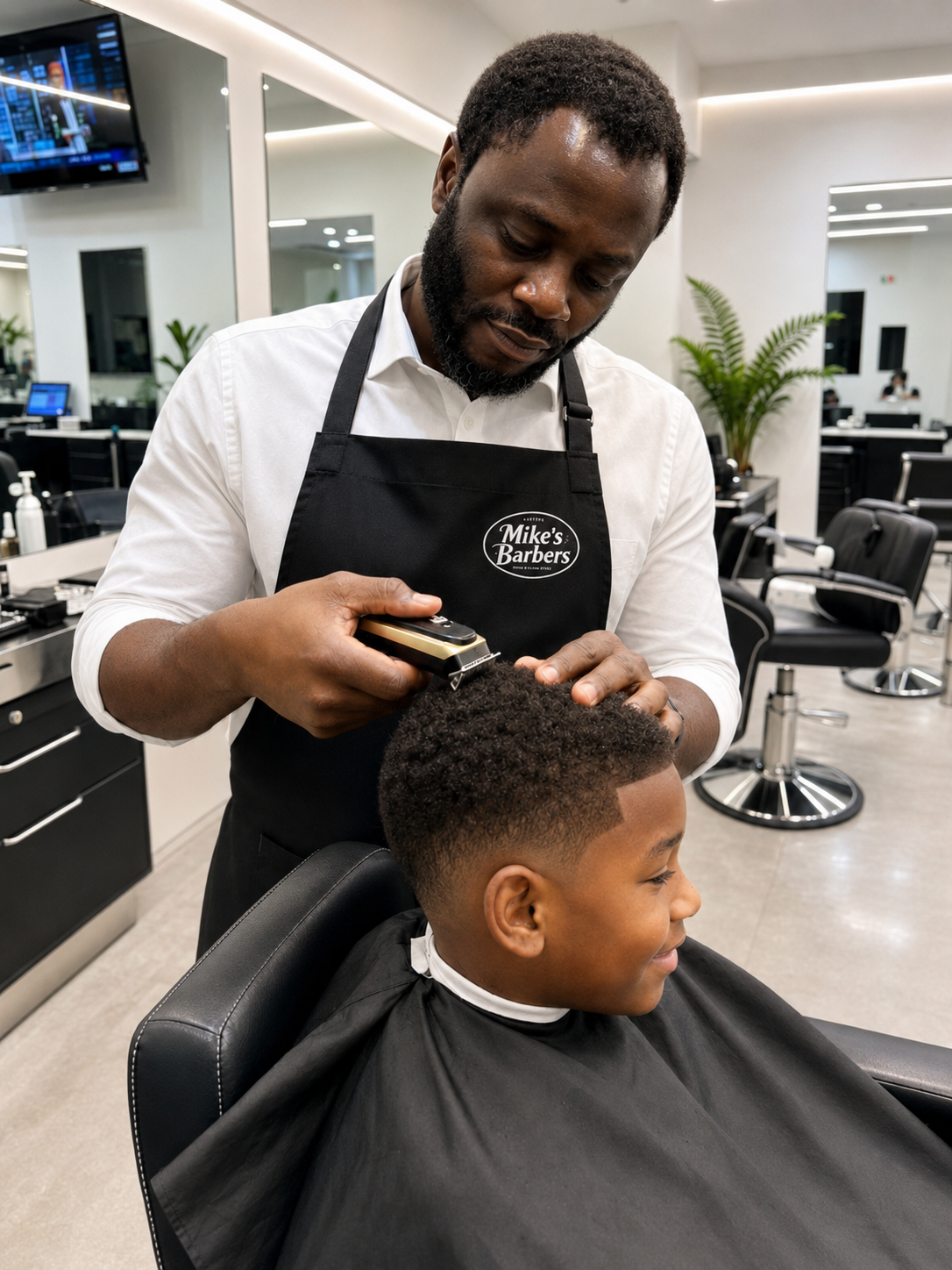 Mike carefully cutting a child's hair