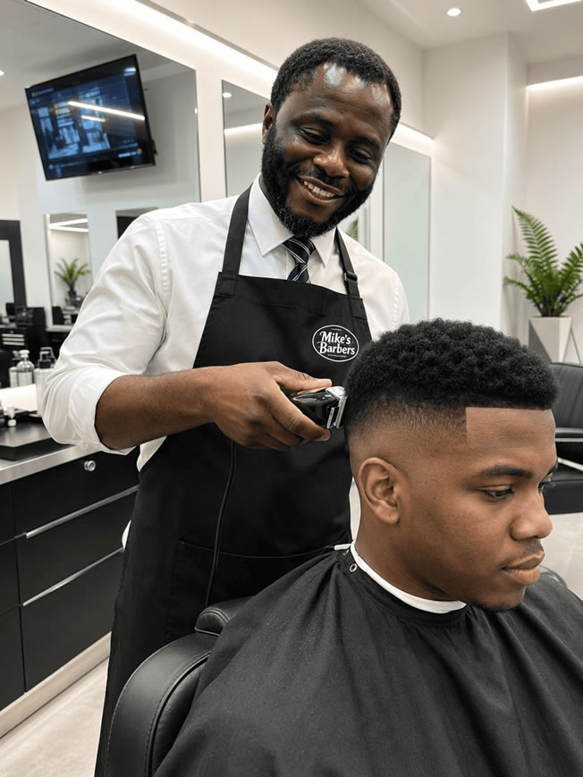 Mike cutting a client's hair in Mike's Barbers