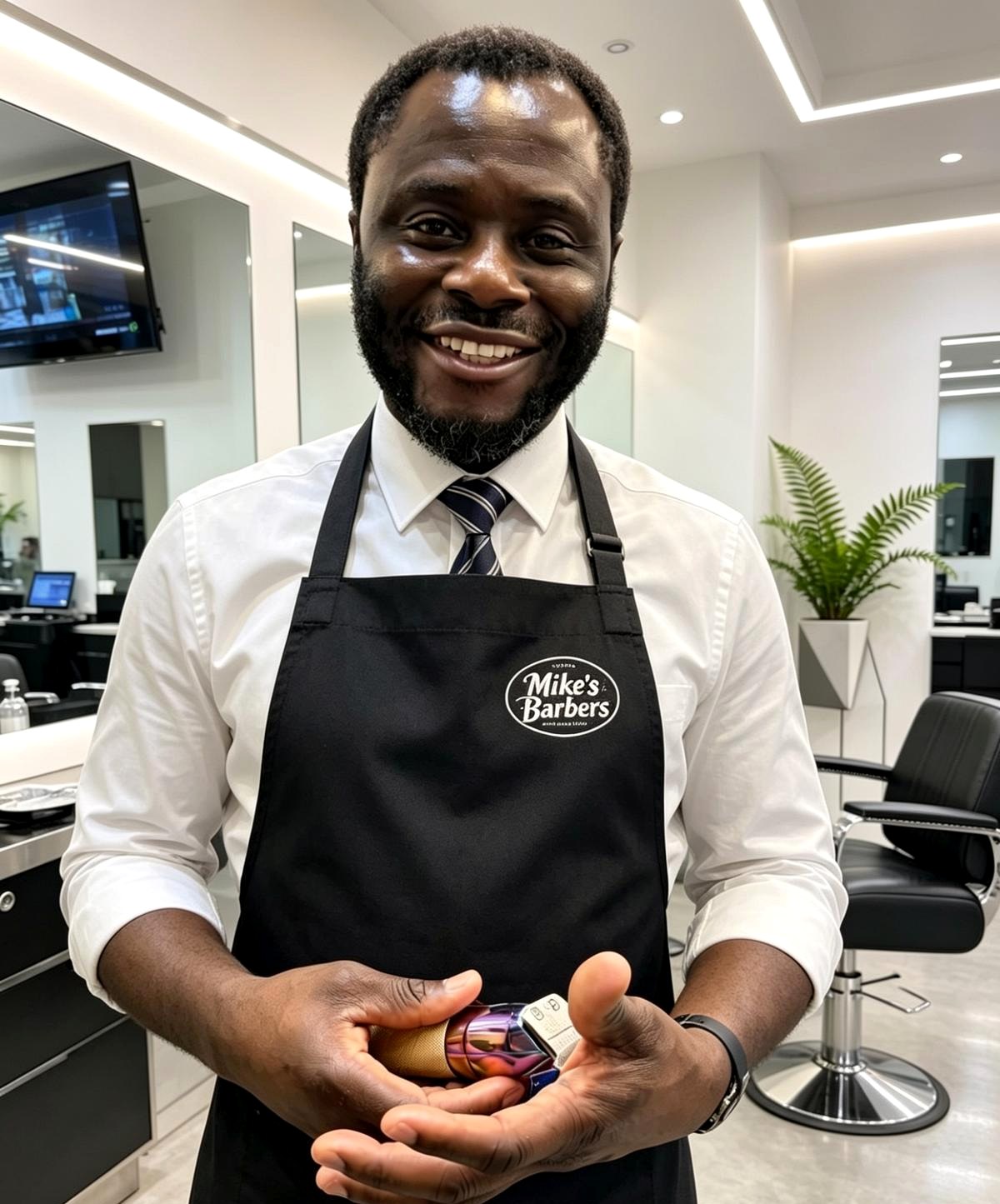 Mike smiling in Mike's Barbers shop